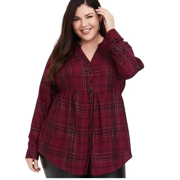 Womens High-low Burgundy Plaid Button-Front Peplum Shirt - Picture 2 of 11